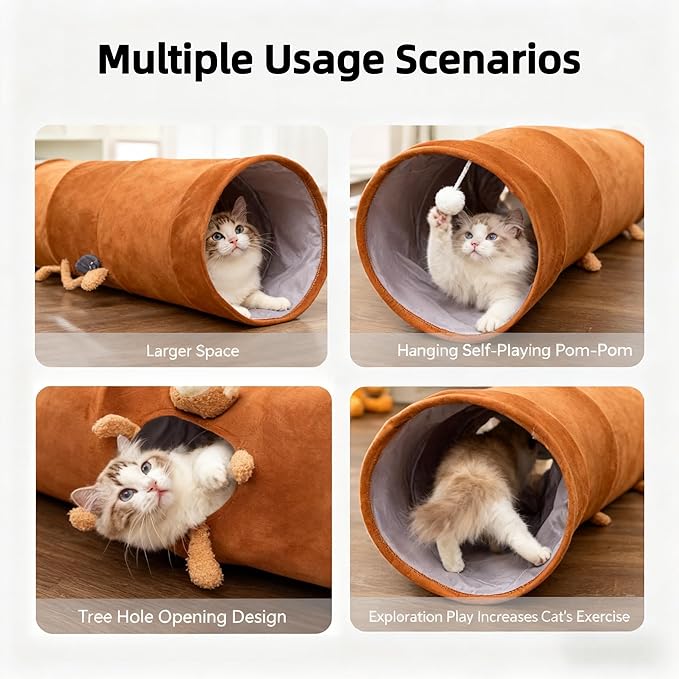 Cat Tunnel for Indoor Cat Tube Collapsible Cat Tunnel Bed with Hanging Ball,Play Tunnel for Kitten,Kitty,Puppy,Rabbit,Funny Interactive Cat Toy Gift for Cat Lover(Bear,47.2″x10″x10″)