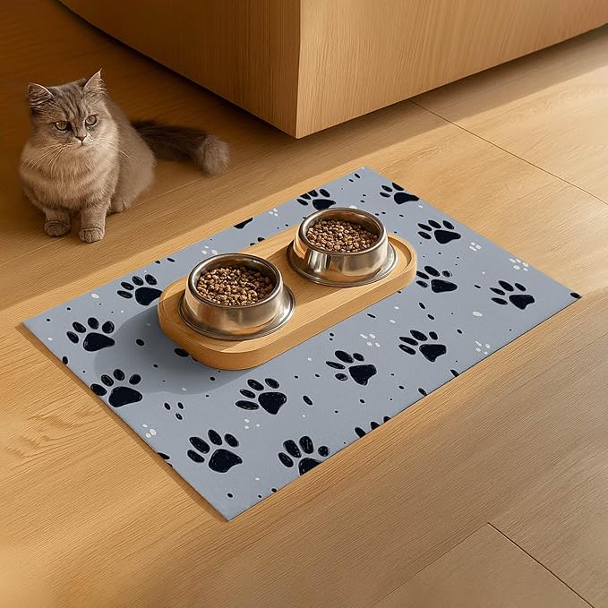 HOMETITUTE 24x16 inch Non Slip Pet Food Mat Cat Bowl Placemat for Food and Water Small Dog Bowl Mats Cat Food Mat Easy to Clean Feeding Mat for Small Pets Paw Print Design
