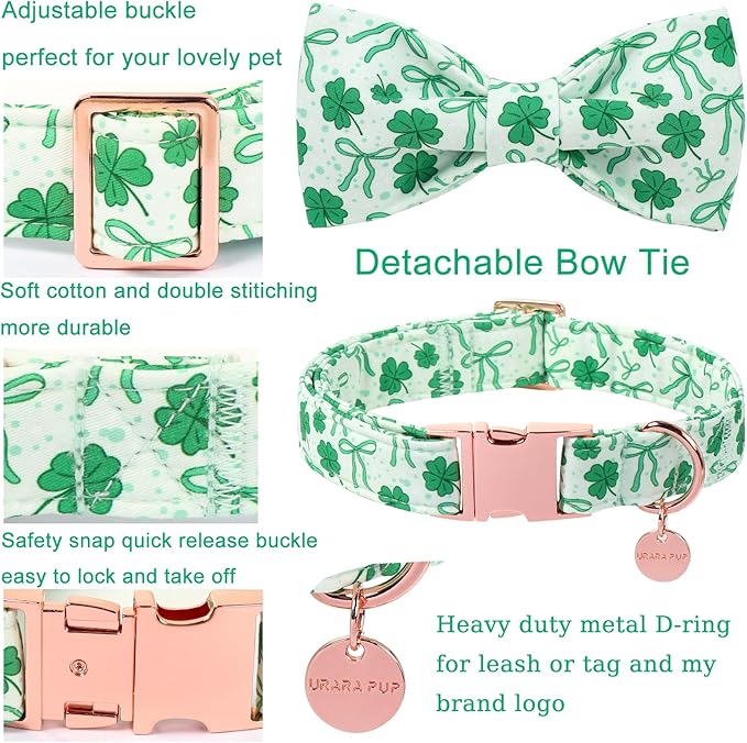 St. Patrick's Day Dog Collar with Bow Tie, Spring Shamrock Bowtie Collar for Girl Boy Dog, Lucky Clover Dog Collar with Metal Buckle, Green Collar for Dogs, M