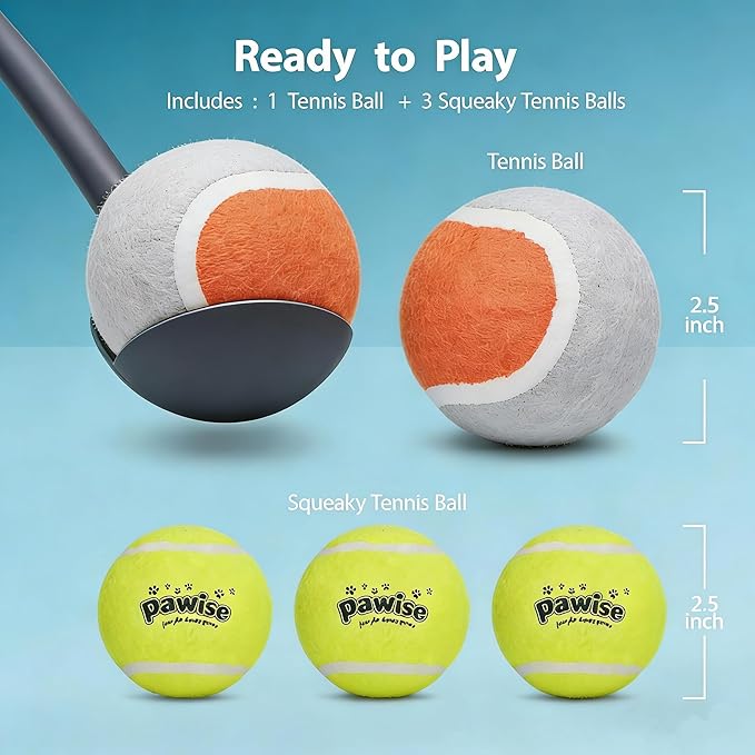 PAWISE Dog Ball Launcher for Small & Medium Dogs, 12.2" Dogs Fetch Toy with Tennis Ball + 3-Pack Squeaky Tennis Balls, Portable Hands-Free Pick-Up Thrower for Indoor & Outdoor Play