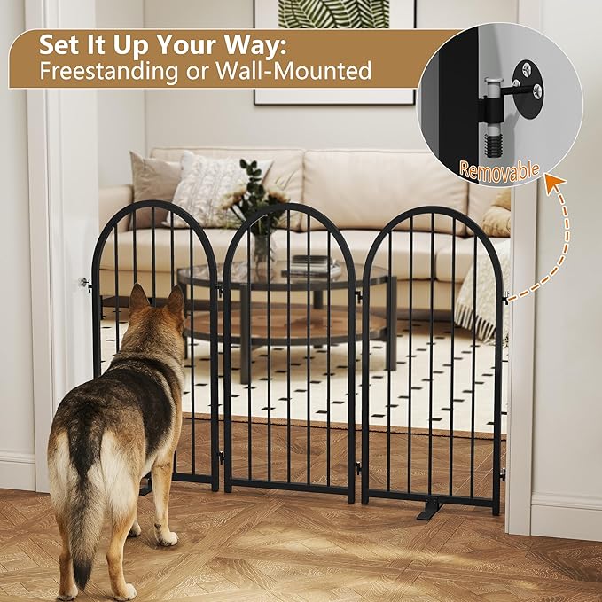 PUPETPO Full Metal Dog Gate for Indoor Outdoor, 32" Tall Free Standing Pet Dog Fence, 36" Wide Arched Pet Gates for Stairs, Hallways, Doorways, Kitchen, Decks, Yards (Black, 2 Panels)