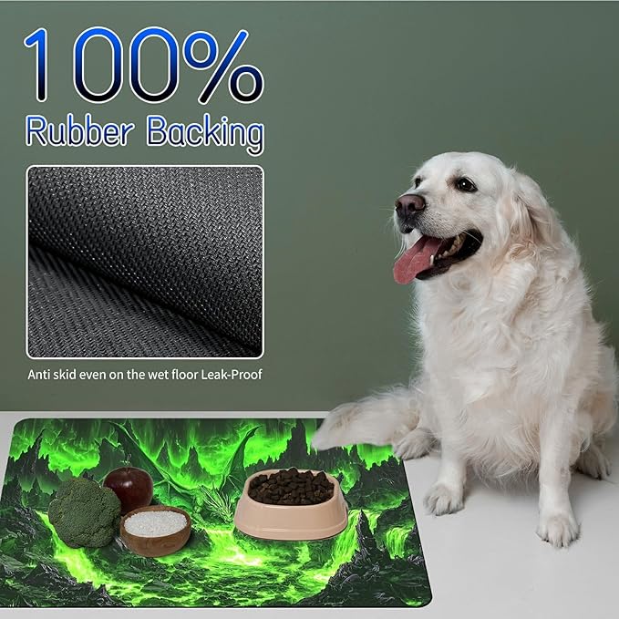 Dog Food Mat, 19.6" x 23.6" Absorbent Pet Feeding Mat for Food and Water, Waterproof Diatom Mud Pet Placemat with Non-Slip Rubber Backing, Easy Clean Cat Bowl Mat for Floors - Green Mountains