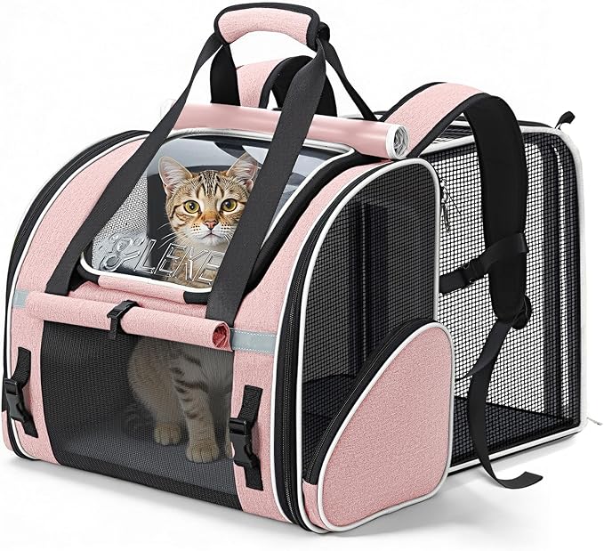 Lekereise Widened Pet Backpack Travel, Wide Pet Carrier Backpack for Cats and Small Dogs up to 18 lbs, Breathable Mesh Backpack Carrier with Sun Shade, Safety Leash, Hand Carry for Travel Vet Car