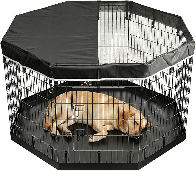 PJYuCien Octagonal Dog Playpen with Top Cover and Bottom Pad - Metal Foldable Exercise Pen, 8 Panels 36" H x 24" W Indoor Outdoor Pet Fence Puppy Crate Kennel, Black