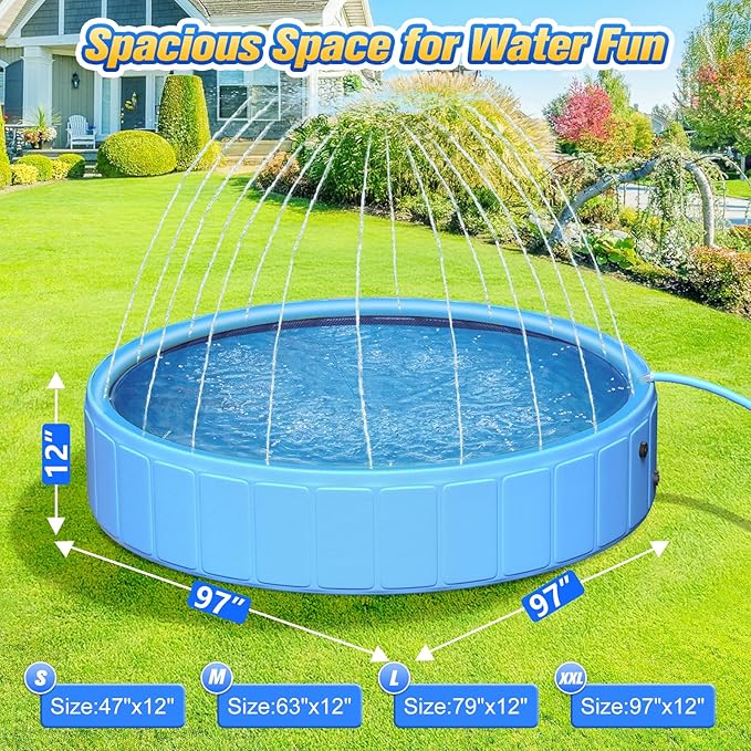 97In Extra Large Anti-Slip Dog Pool with Sprinkler, Sturdy 2-in-1 Foldable Hard Plastic Kiddie/Kids Swimming Pool, Summer Swimming Bath Tub for Kids/Large Dogs/Pets