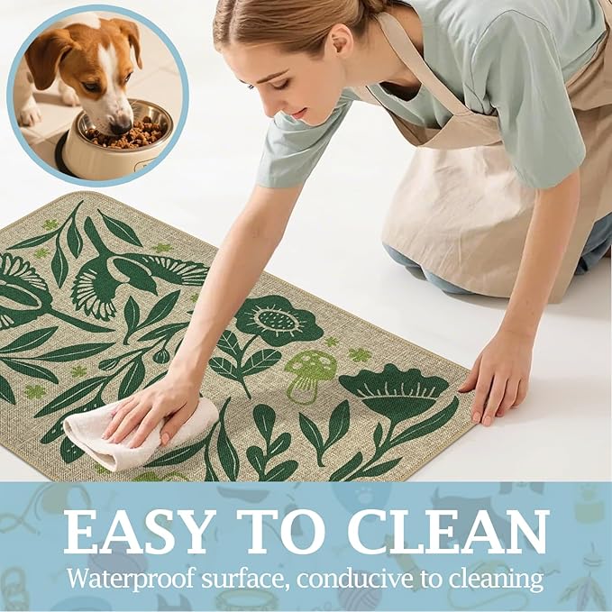 SHIYUE Dog Food Mats for Floors, Absorbent Cat Bowl for Food and Water, Non-Slip Accessories Pet Supplies(12"x20",Green Flower Bird)