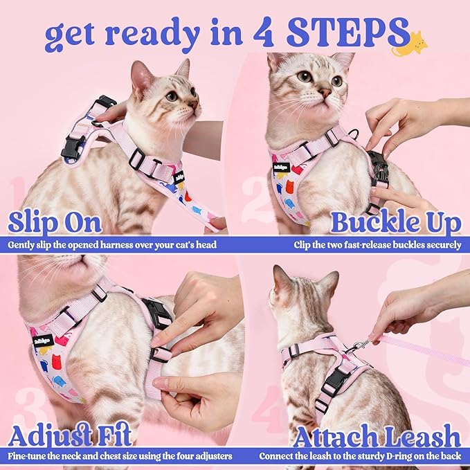 rabbitgoo Cat Harness and Leash Set, Escape Proof Vest Harness for Safe Outdoor Walks, Soft Breathable Adjustable Vest with Reflective Strips for Average to Large Cats, Purrty Pink, M