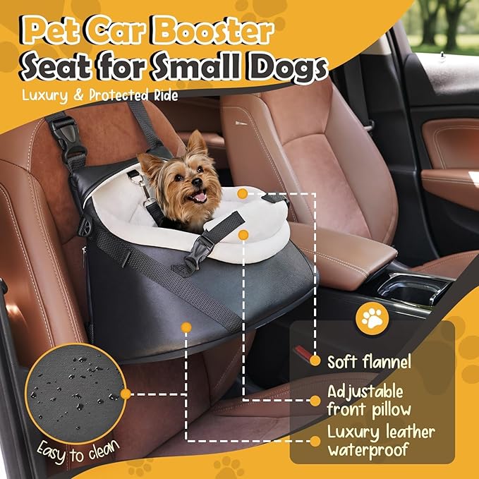 WOYYHO Luxurious Dog Booster Car Seat Designed for Tiny Dogs up to 7 lbs, Vegan Leather Pet Dog Car Seat with Safety Belt & Soft Flannel Liner for Teacup Yorkie, Chihuahua, Maltese, Small Dogs Cats