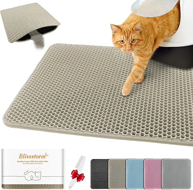 Waterproof Cat Litter Mat, Double Layer EVA, Odor-Free Large Grid, Urine Proof, Easy Cleanup 22 x 30, Khaki