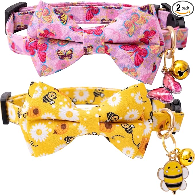 Faygarsle 2 Pack Breakaway Bowtie Cat Collar with Bell for Male Female Cats Soft Fancy Yellow Pink Bee Butterflies Pattern Spring Summer for Boy Girl Cats