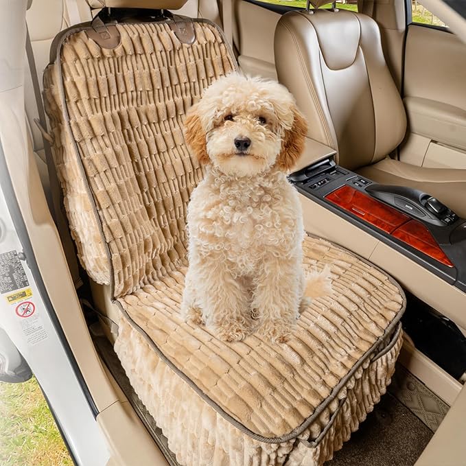 Soft Front Seat Dog Cover, Waterproof Dog Car Seat Protector with Side Flaps, Non-Slip Fluffy Flannel with Full Protection for Pets on Captain Seat in Cars SUVs Trucks (Tan, Standard Front)