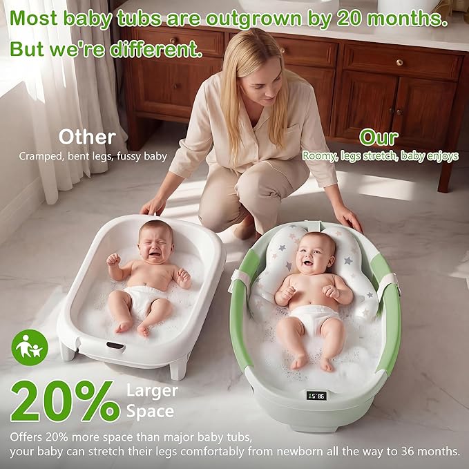 Collapsible Baby Bathtub - Large Baby Bath Tub with Thermometer | Bath Essential Bañera para Bebe Easy Fold Baby Tub | Travel Infant Newborn Toddler Bathtub for Baby Girl Boy 0 to 36 Months(Green)