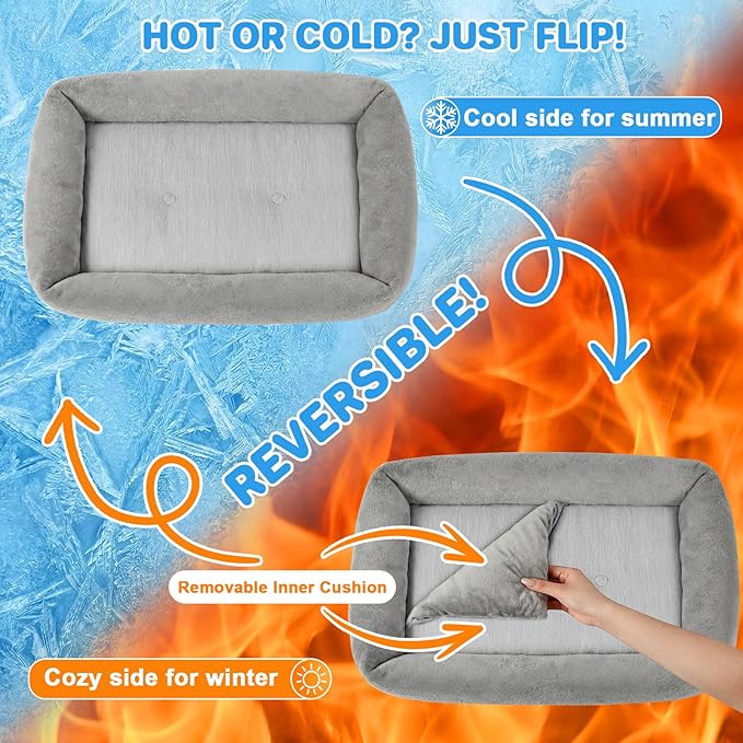 Cooling Dog Bed for Large Dogs - Removable Inner Cushion & Reversible Design (Ice‑Silk Cooling Layer | Sherpa Fleece Layer), Non‑Slip Bottom Washable Medium Mat for Crates, Beds, Sofas 24" × 15"