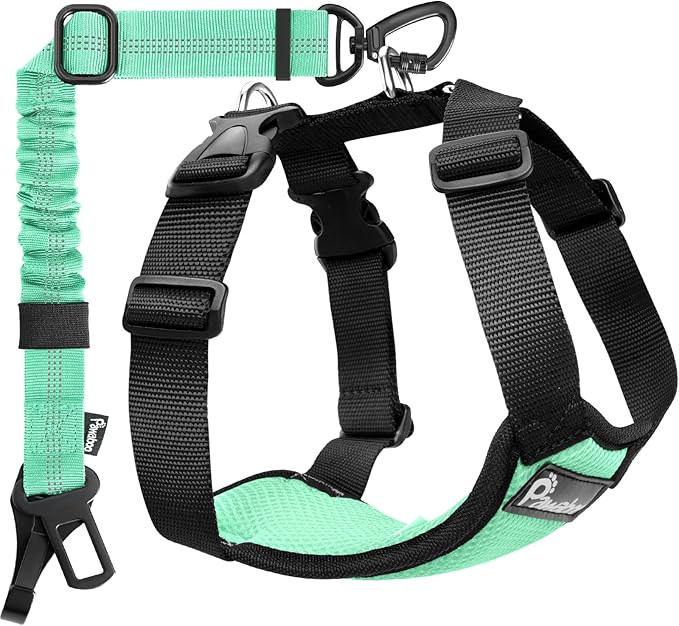 Pawaboo Dog Seat Belt Harness for Car, Dog Car Harness Seatbelt with Double Clips, Adjustable Breathable Pet Vest & Dogs Safety Tether with Elastic Bungee for Small Medium Large Pet, L, Blue + Black