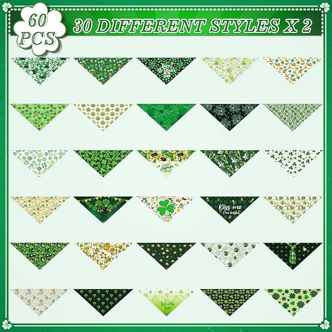 Sanwuta 60 Pcs St. Patrick's Day Dog Bandanas Bulk St. Patrick's Day Dog Scarf Adjustable Puppy Kerchief Holiday Pet Grooming Supplies Outfit Costume for Small to Large Pet (Shamrock)