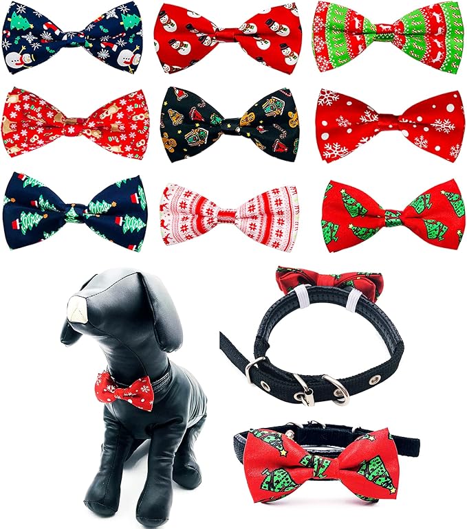 PET SHOW 10pcs/Pack 4.5 * 2.5" Christmas Large Dogs Collar Attachment Bow Ties Xmas Parties Medium Dog Cats Collar Charms Accessories Slides Bowties Assorted