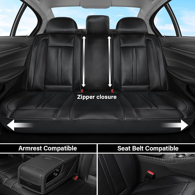 Coverado Leather Car Seat Covers Full Set & Carbon Fiber, Waterproof and Durable All Weather Protector, Universal Fit for SUV, Pickup Truck, Sedan, Automotive Vehicle Interior, Black