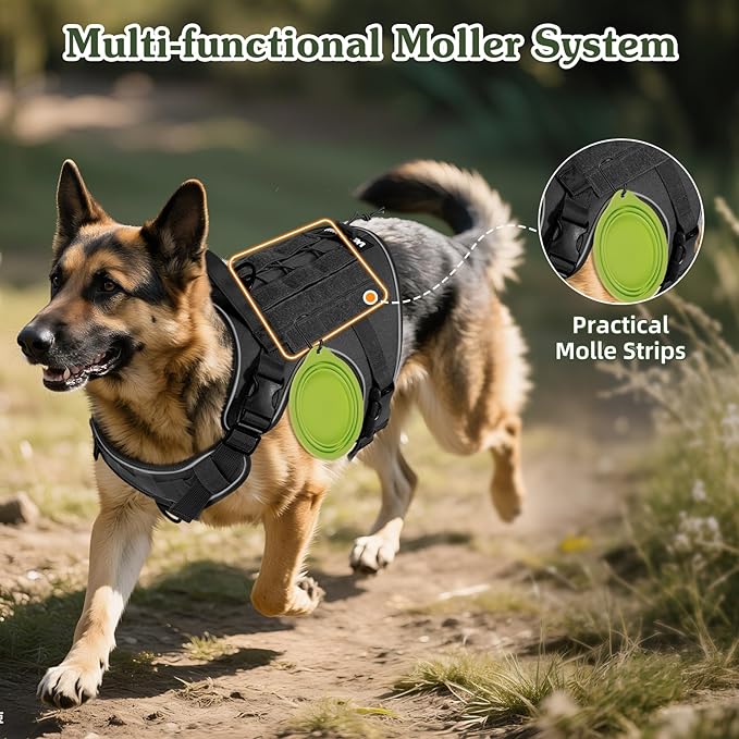 VavoPaw Heavy Duty Tactical Dog Harness for Large Dogs, No Pull Adjustable Pet Harness Reflective Service Training Easy Control Pet Vest Military K9 Working Dog Harnesses, Black, L
