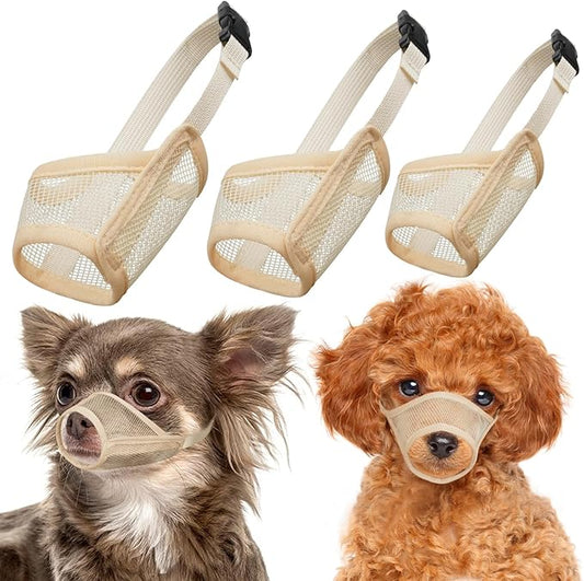 LUCKYPAW Dog Muzzle Suits for Small Medium Large Dogs, Mesh Muzzle Anti Biting Chewing, Breathable Mouth Cover Set with Adjustable Strap for Grooming Vet Visiting Training (Small 3 PCS(XXS-S), Beige)