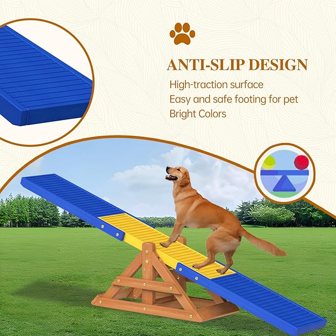 SuniBoxi 95" Wooden Dog Seesaw, Dogs Agility Course Backyard Set for Training and Exercise - Outdoor Big Dog Agility Equipment Practice See Saw