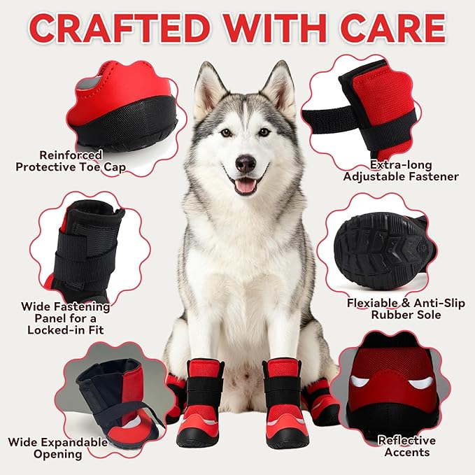 All-Weather Dog Boots for Paw Protection-Durable Dog Booties for Hot Pavement, Snow, Hiking | Non-Slip Sole & Adjustable Straps Outdoor Pet Shoes(red,7#)