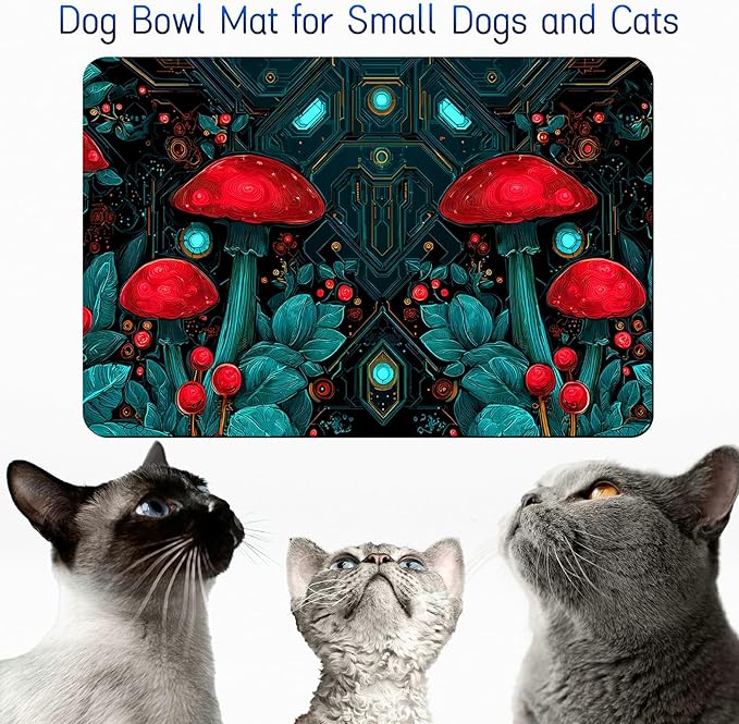 Dog Food Mat, 15.7" x 23.6" Absorbent Pet Feeding Mat for Food and Water, Waterproof Diatom Mud Pet Placemat with Non-Slip Rubber Backing, Cat Bowl Mat for Floors - Red Mushroom Machinery