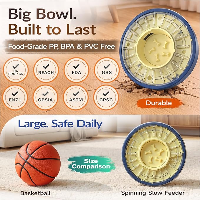 KADTC 5-60 Min Adjustable Slow Feeder Bowl for Fast Eaters, Spinning Dog Puzzle Feeder, Anti-Gulping Interactive Food Dispenser, 4-Cup Capacity, Mental Enrichment Treat Toy