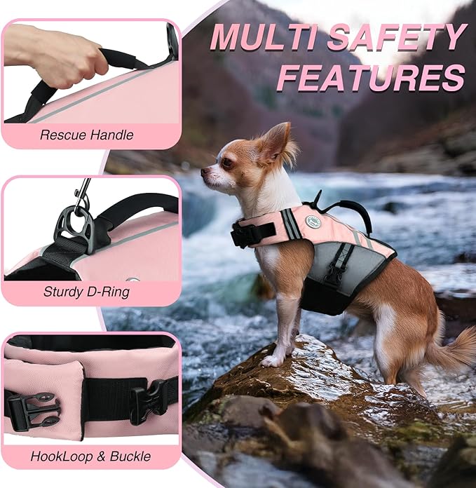 VIVAGLORY Sports Style Dog Life Vest, Dog Life Jacket for Swimming & Boating, Ripstop & Buoyancy for Puppy Doggy, Lifejacket with Handle, XS, Sakura Pink