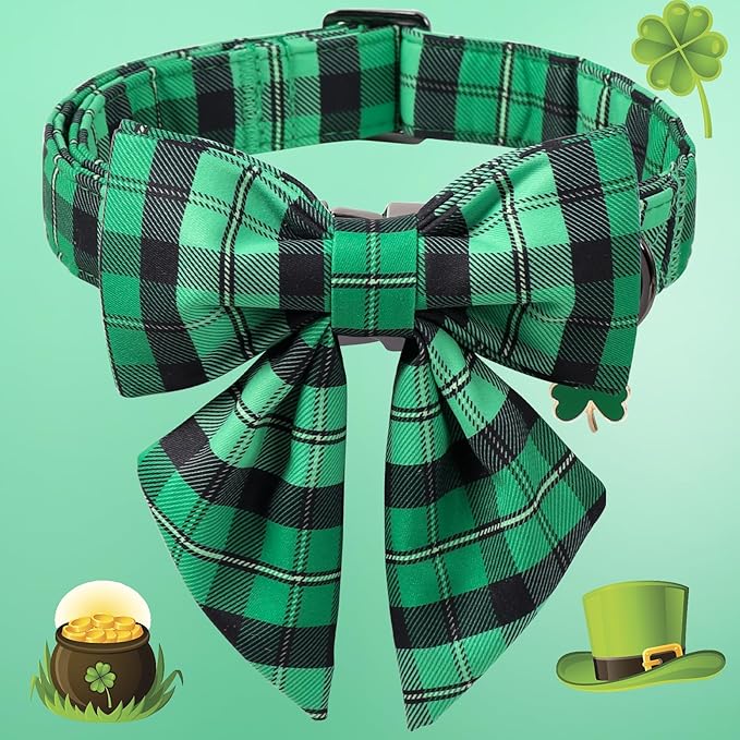 DOGWONG St. Patrick's Day Dog Collar with Sailor Bowtie, Green Plaid Bowtie Dog Collar for Small Medium Large Dogs,L