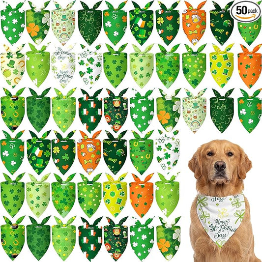 Abbylike 50 Pcs St Patrick's Day Dog Bandanas Bulk Green Shamrocks Bandanas for Dogs Triangle Kerchief Bibs Scarf for Pet Irish Costume Photo Props Pet Shops Groomer, 25 Styles (31.5 x 21.7 x 21.7)
