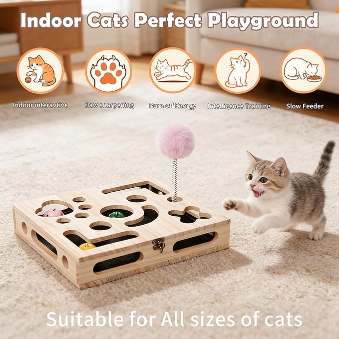 Large Solid Wood Cat Nail File Enrichment Box, Cat Scratch Puzzle Enrichment Box with Flip Lid Lock, Sandpaper Scratcher, 3 Bells & Cat Wand, Alternative to Clippers and Grinders