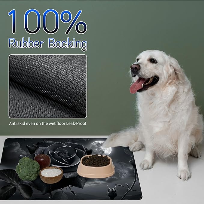 Dog Food Mat, 19.6" x 23.6" Absorbent Pet Feeding Mat for Food and Water, Waterproof Diatom Mud Pet Placemat with Non-Slip Rubber Backing, Easy Clean Cat Bowl Mat for Floors - Gray Roses