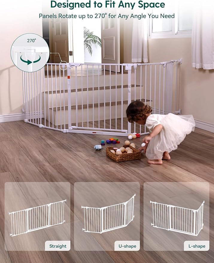 Babelio 72" Extra Wide Baby Gate, 30” Tall Auto Close Dog Fence for Stairs Kitchen Doorways Fireplace, Hardware Mounted Pet Gate Indoor, Foldable 3 Metal Panels, AdaptiZone Series, White