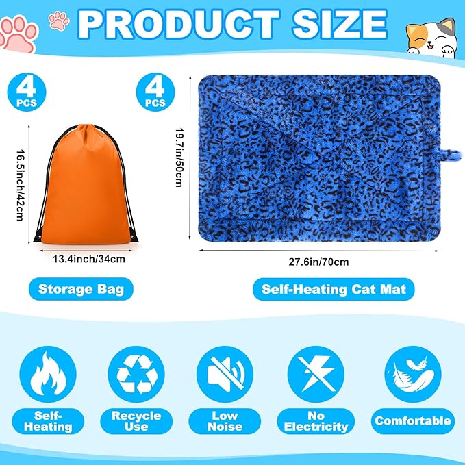 Riakrum 4 Pack Self Warming Cat Bed Mats Leopard Print Cat Dog Thermal Blanket Double Sided Self Heating Pet Pad with Storage Bags for Pet Winter Outdoor Indoor Supplies, Non Electric(M)