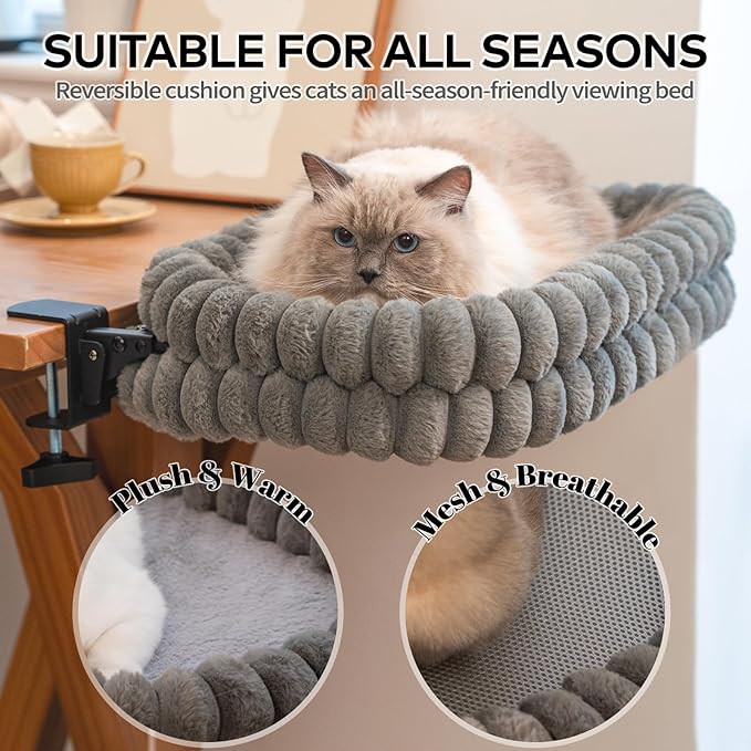 CHEERPALS Cat Desk Bed with Reversible Cushion, 90°Foldable Cat Hammock for Desk Mounted Removable & Washable, Suitable for Medium-to-Large Cats and Puppy, Cloud Series(Grey, Large)
