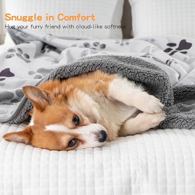Waterproof Dog Blankets Pet Blanket 50"x60", Soft Fluffy Sofa Car Bed Protector, Reversible Sherpa Fleece Dog Blanket for Large Dogs(Light Grey-Paws)