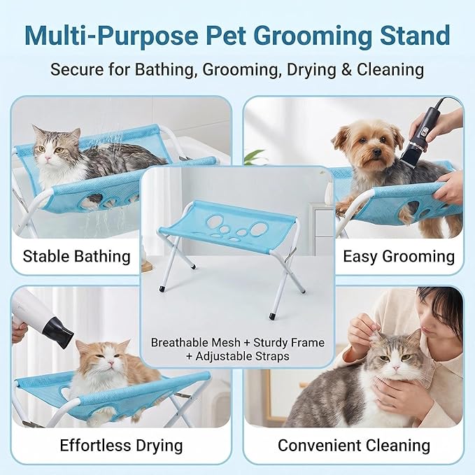Foldable Pet Grooming Table, Dog Bathing Station with Stainless Steel Frame, Breathable Mesh Hammock for Small Dogs Cats, Portable Dog Grooming Stand for Bathing, Trimming, Nail Clipping (Black)