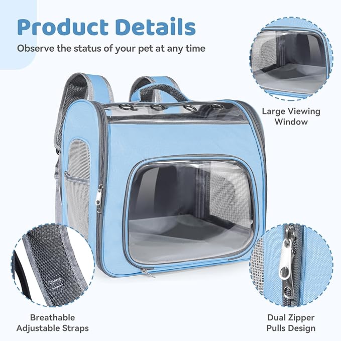 Cat Soft-Sided Carrier Backpack, Breathable Mesh Foldable Pet Travel Carrier with Reinforced Support, Portable Puppy Carrying for Kitty Up to 15lbs (Blue)