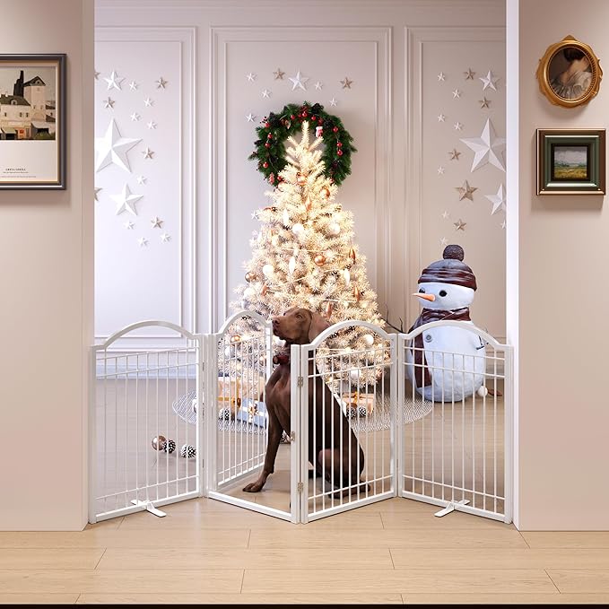 BHG Metal No-Assembly Freestanding Dog Gate with Door Walk Through, Extra Wide 96", Extra Tall 32" Pet Gate, Accordion Puppy Folding Playpen Dog Fence, with 2PCS Support (White, 4 Panels)
