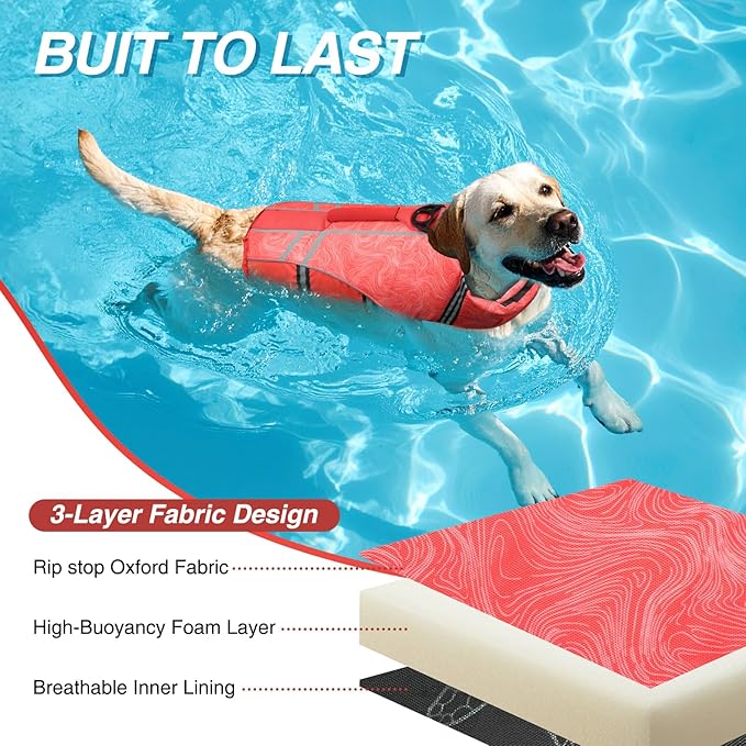 VIVAGLORY Sports Style Dog Life Vest, Dog Life Jacket for Swimming & Boating, Ripstop & Buoyancy for Puppy Doggy, Lifejacket with Handle, M, Red