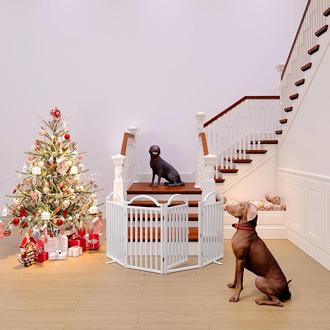 BHG Metal No-Assembly Freestanding Dog Gate with Door Walk Through, Extra Wide 80", Extra Tall 30" Pet Gate, Accordion Puppy Folding Playpen Dog Fence for Indoor & Outdoor, with 2PCS Support