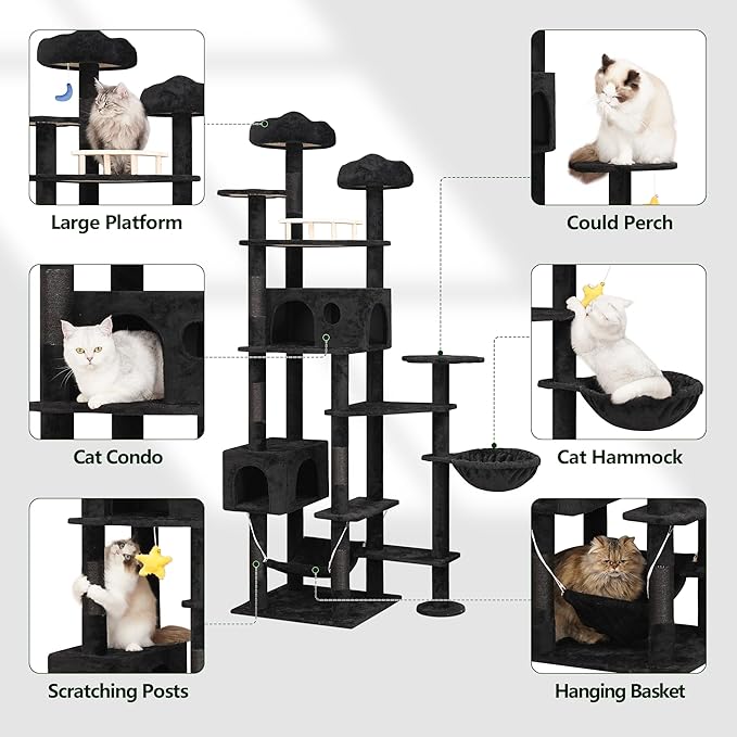 Meecal 79inch Giant Cat Tree for Heavy Duty Big Cats, Multi-Level Luxury Cat Tower with Scratching Post, Cat Condo with Hammocks & Plush Perches for Indoor Cats Large Adult, Black