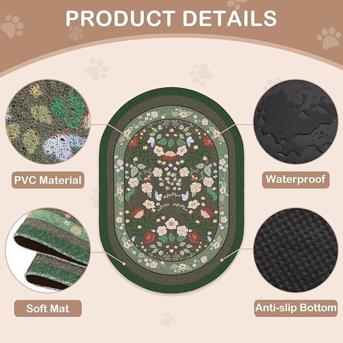 Bienbee Cat Litter Mat, 24" x 15" Litter Box Mat Rug with Non-Slip Bottom,Urine and Water Proof, Easy to Clean Cat Supplies Essentials for Indoor Kitty Kitten Floor, Green Flowers M
