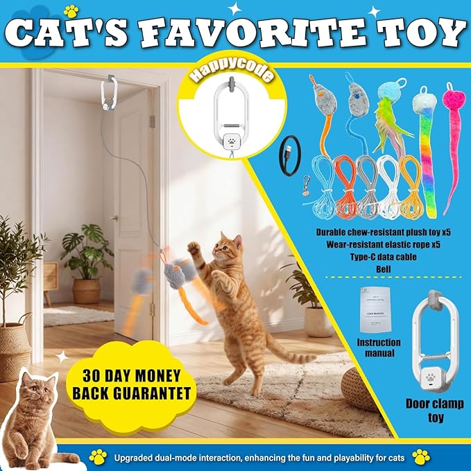 Interactive Cat Toy, Rechargeable Electric Cat Teaser, Hanging Door cat Toy, 2 Motion Modes (360° Spin & Irregular Jumping), Smart Auto Cat Toy for Exercise & Fun, Grey