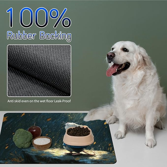 Dog Food Mat, 15.7" x 23.6" Absorbent Pet Feeding Mat for Food and Water, Waterproof Diatom Mud Pet Placemat with Non-Slip Rubber Backing, Cat Bowl Mat for Floors - Hamster Raindrops