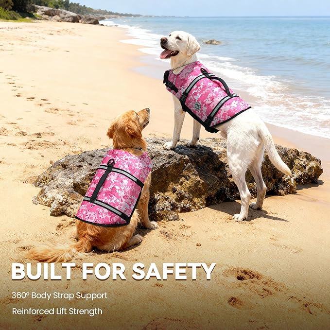 VIVAGLORY Rip Stop Dog Life Vest, Swimming Vest with Handle, Buoyancy for Doggy Puppy, Dog Life Jacket for Swimming & Boating, L, Camo Pink