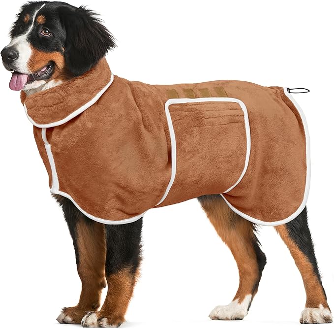 Dog Bathrobe Towel Dog Drying Coat - Super Absorbent Towels Bath Robe for Dogs Large, Soft Adjustable Collar & Belly Strap Fast Drying Coat Pet Cat Bath Robe (Brown, XX-Large)