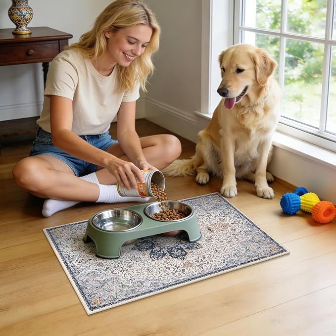 Boho Dog Feeding Mat, Absorbent Cat Matt for Food, Non Slip Pet Water Bowl Placemat Small for Floor, Cream & Blue & Terracotta Indoor Dog Eating Dish Mat 12"x20"