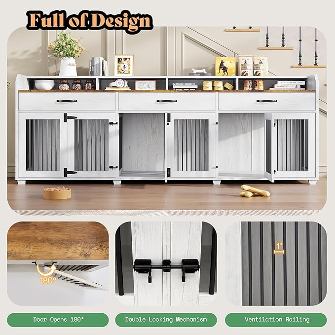 AMERLIFE 95" Large Dog Crate Furniture, Multi-Functional TV Stand with Storage Drawers & Removable Divider for Medium/Large Dogs, White Barnwood