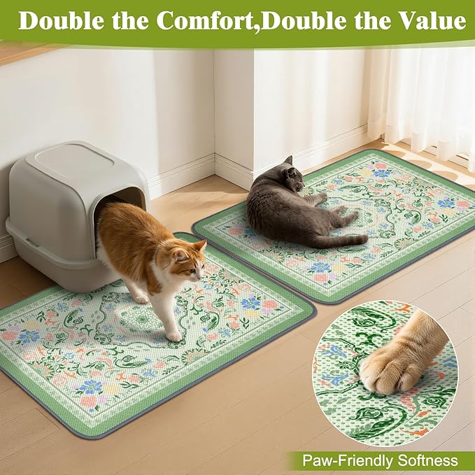 Unicorn Catcher 40X30in 2packCat Litter Mat Machine Washable Soft 3D Air Mesh Litter Box Rug Non-Slip Backing Quick Dry Scatter Control for Paws,Bean Green